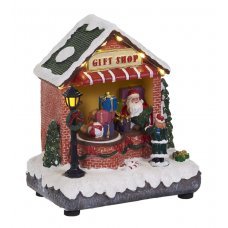 Χριστουγεννιάτικο Διακοσμητικό Μαγαζί, με Άγιο Βασίλη Χωρίς Καμινάδα, Φωτιζόμενο (16cm)